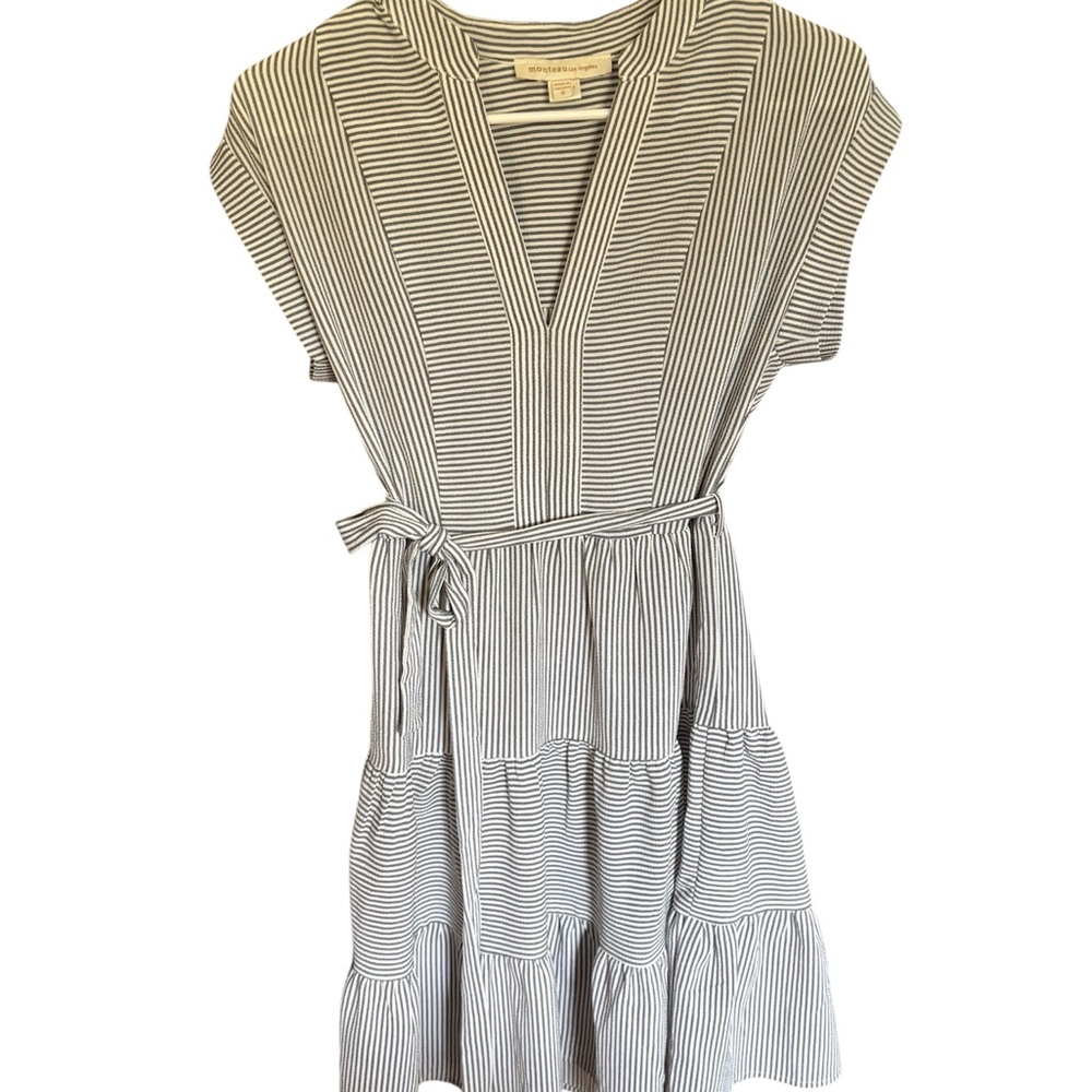 Monteau Los Angeles Midi Dress Dark Gray and White Striped Small